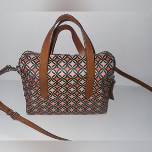 Fossil Sydney Purse Handbag Crossbody Satchel Geometric Orange Green Bag